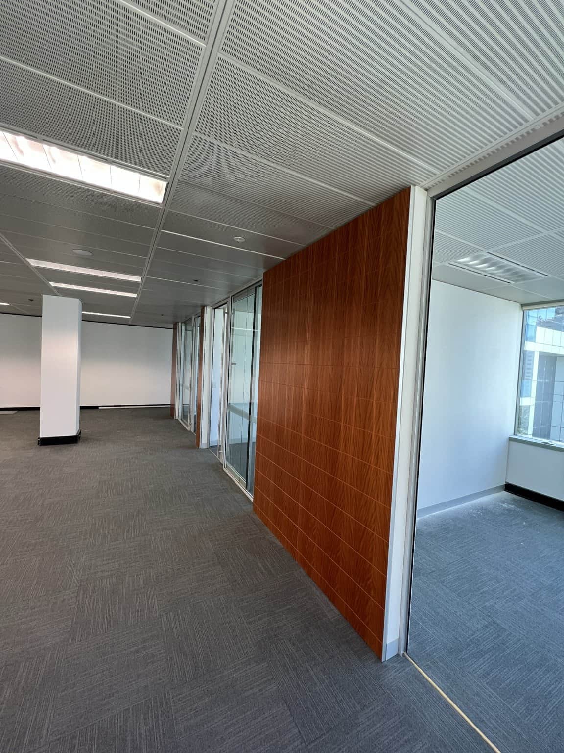 Chatswood office with light painted surfaces beside glass partitions and timber panelling.