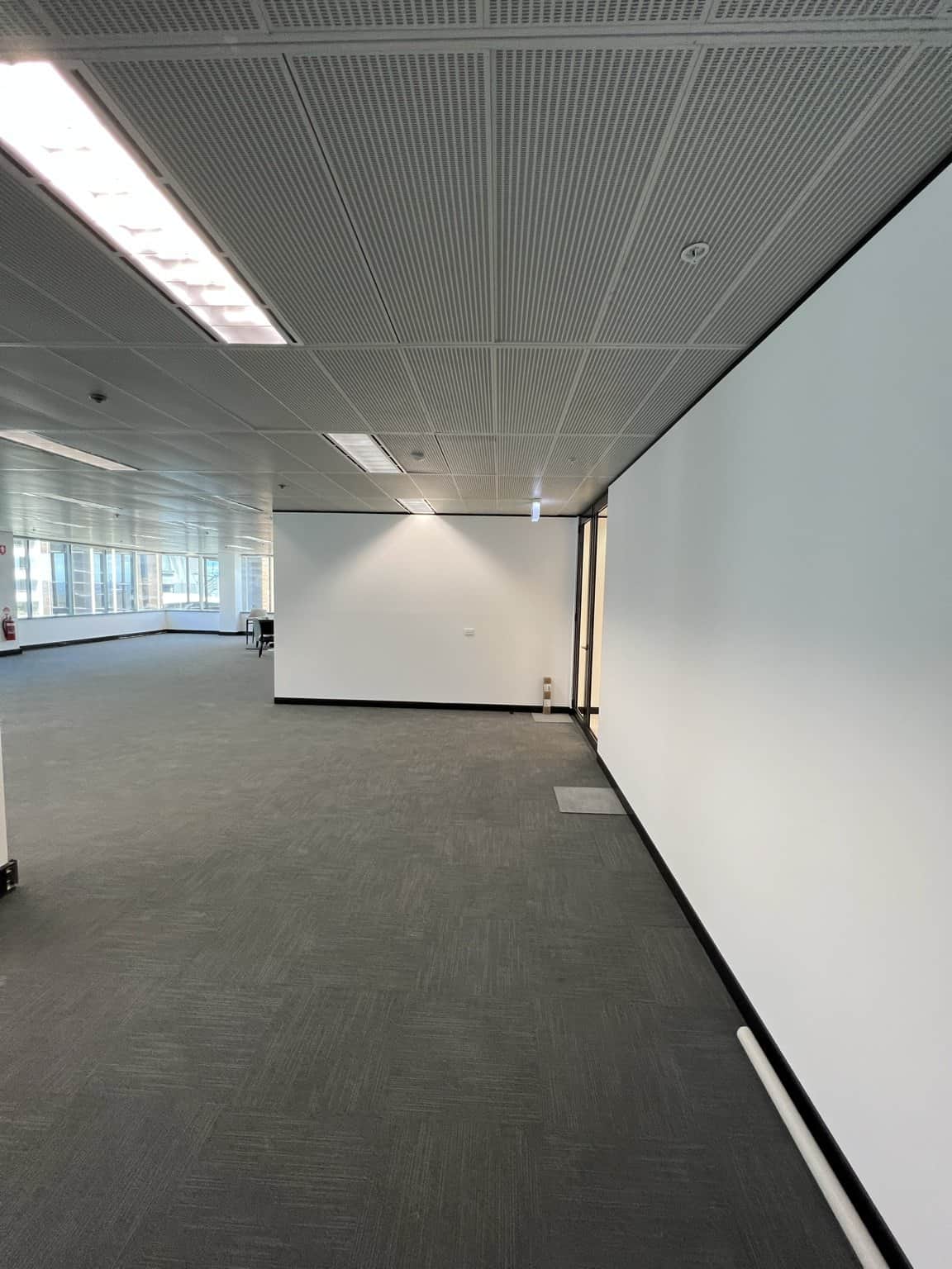 Long light painted wall in an open-plan Chatswood office.