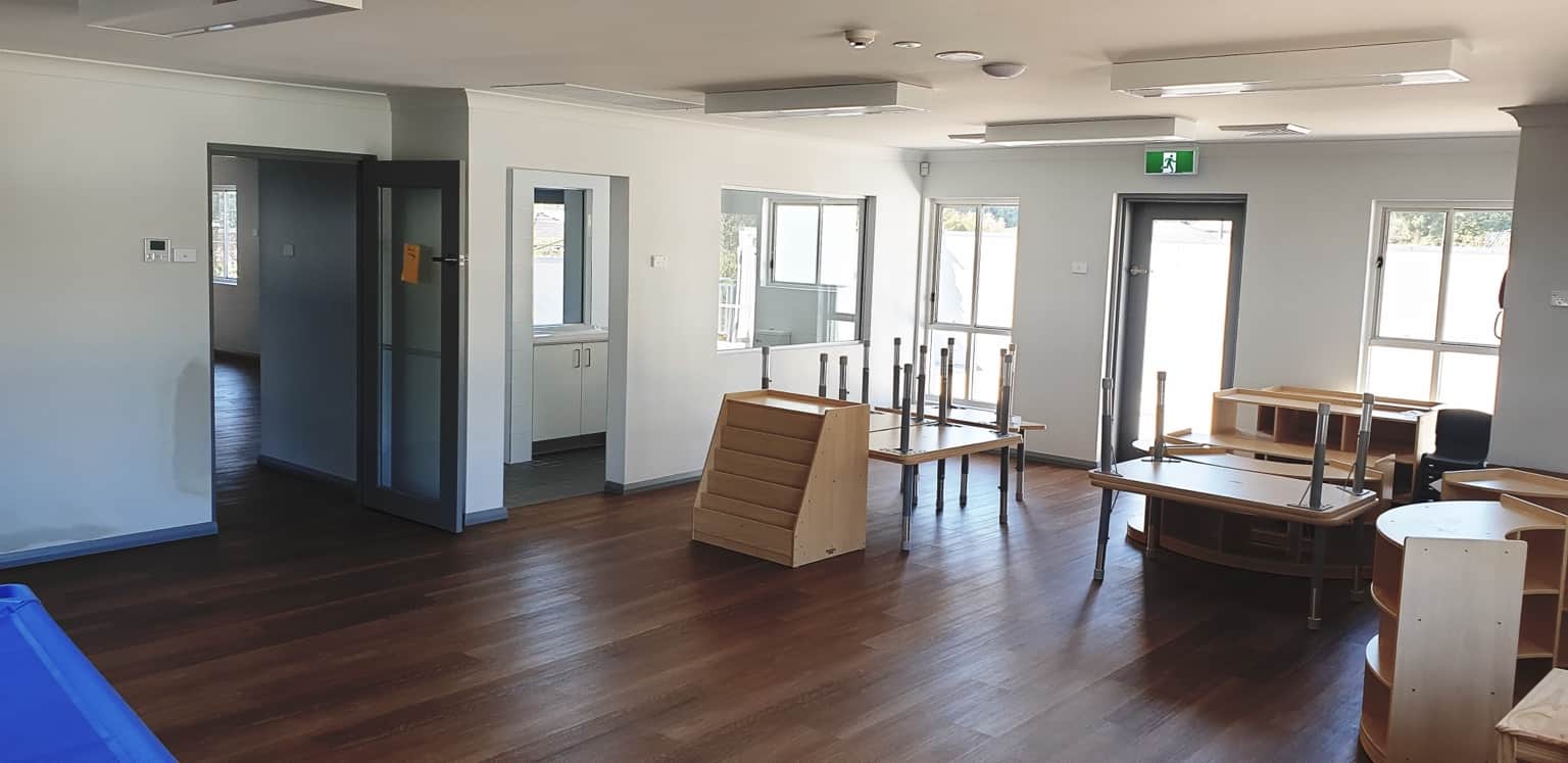 Completed white walls and ceiling in a Hornsby childcare learning space