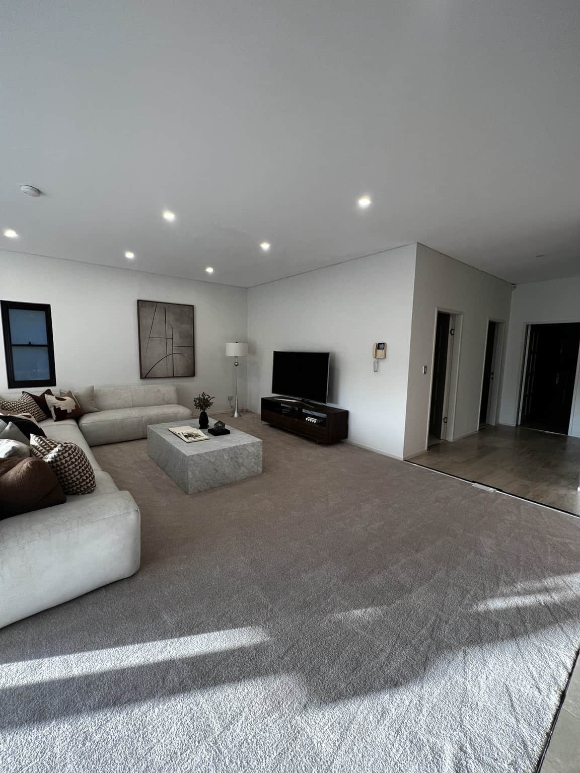 Light painted television wall and ceiling in a carpeted Northbridge family room.