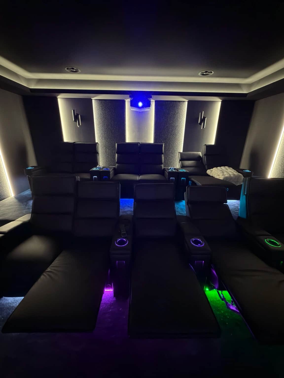 Rear view of the completed Oatlands home theatre and dark painted ceiling