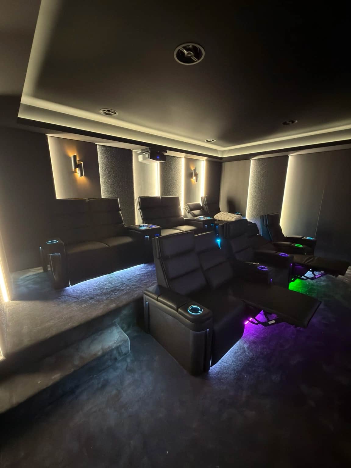 Side view of the dark painted ceiling in an Oatlands home theatre