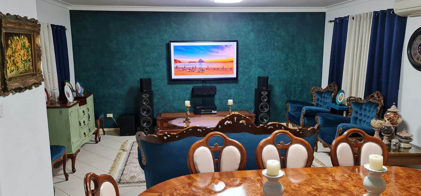 Completed teal Porter’s French Wash feature wall in a Merrylands living and dining room