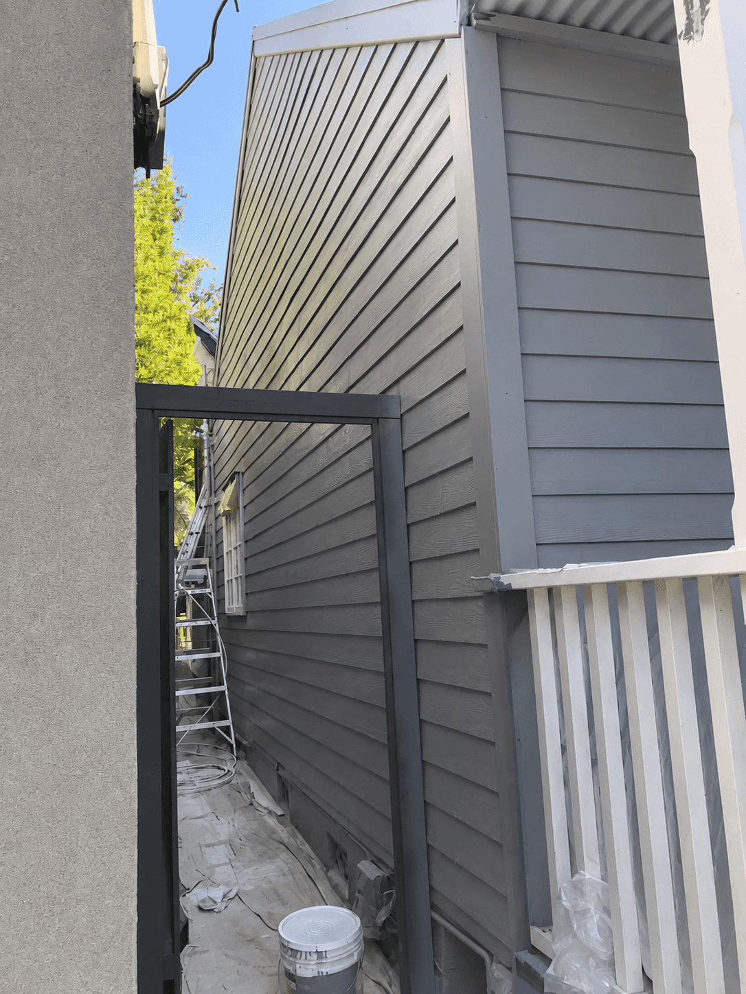 Painted weatherboards and white trim along a narrow side passage in Stanmore