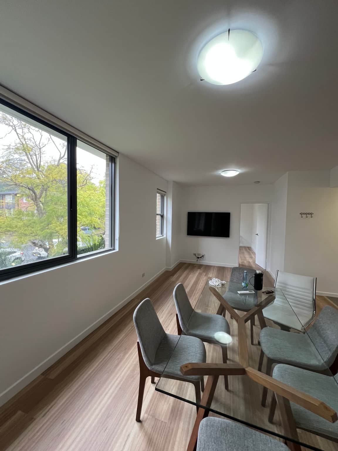 Finished living room walls and ceiling in a Wahroonga apartment, looking towards the TV wall