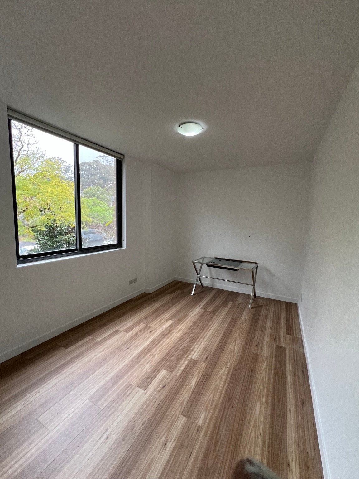 Wahroonga apartment bedroom wall and ceiling finishes beside a black-framed window, after